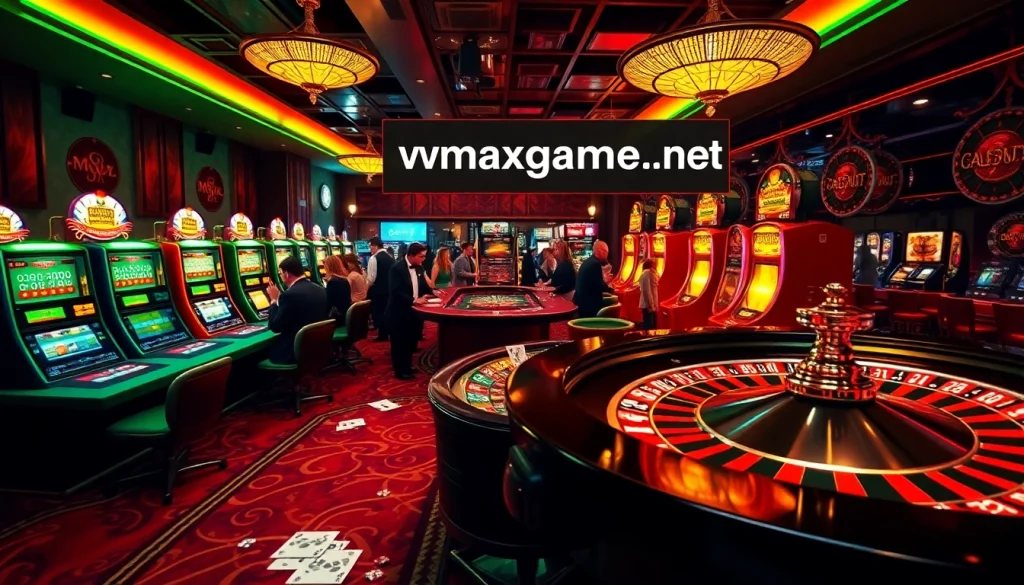 Gamble at the vibrant https://vmaxgame.net/ casino with players at roulette, slots, and poker tables.