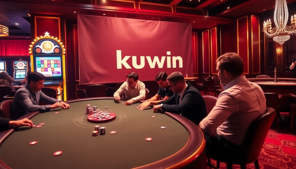 Experience thrilling gambling moments with kuwin at an upscale casino featuring poker, roulette, and slot machines.