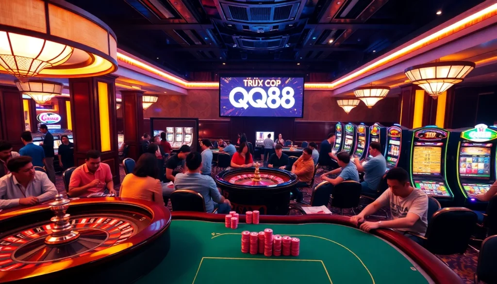 Experience the thrill of gambling with the link truy cập qq88 prominently featured amidst an electrifying casino setting.