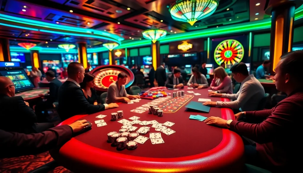 Thrilling poker action at a lively casino table featuring the essence of https://vmaxgame.net/ with vibrant chips and cards.