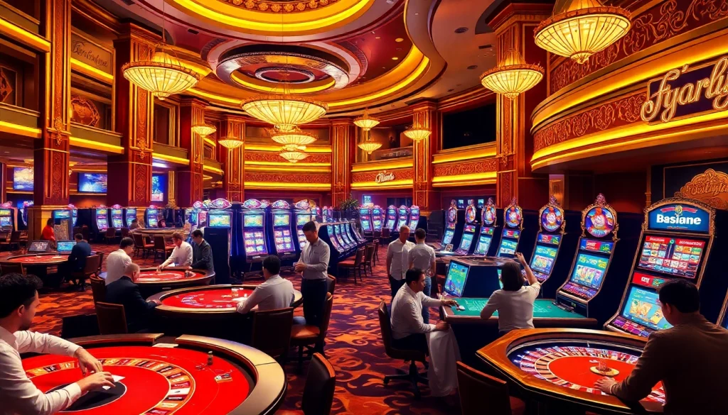 Exciting PG88 casino scene with players at roulette, poker tables, and slot machines.