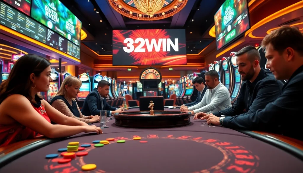 32WIN casino scene showcasing players at a lively poker table, vibrant colors, and gaming excitement.