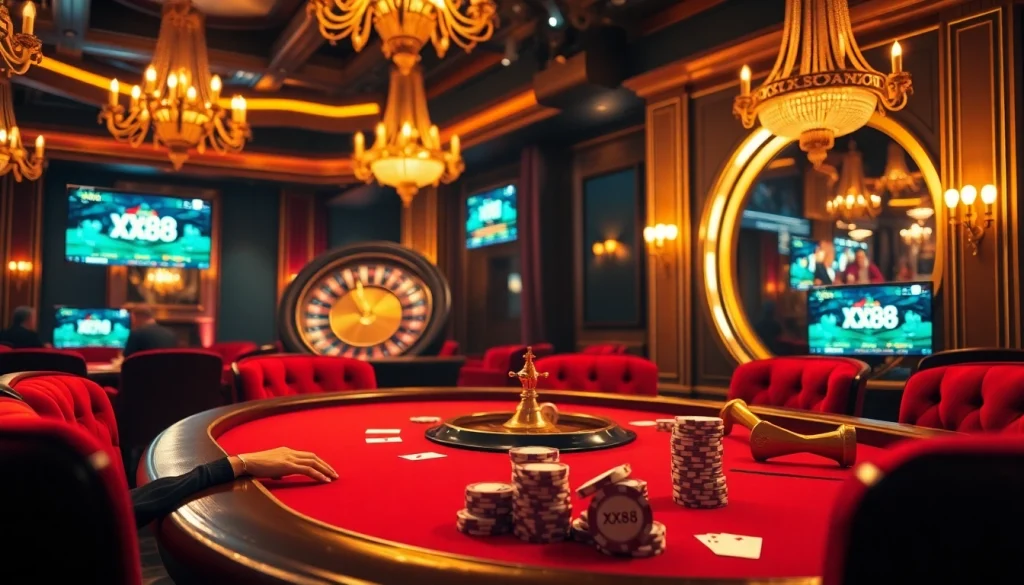 Intense action at a poker table with players focused on their games, featuring xx88 poker chips and casino ambiance.