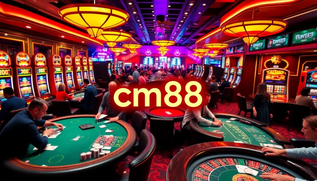 Energetic casino atmosphere featuring players at tables while 'cm88' illuminates the excitement of gambling.