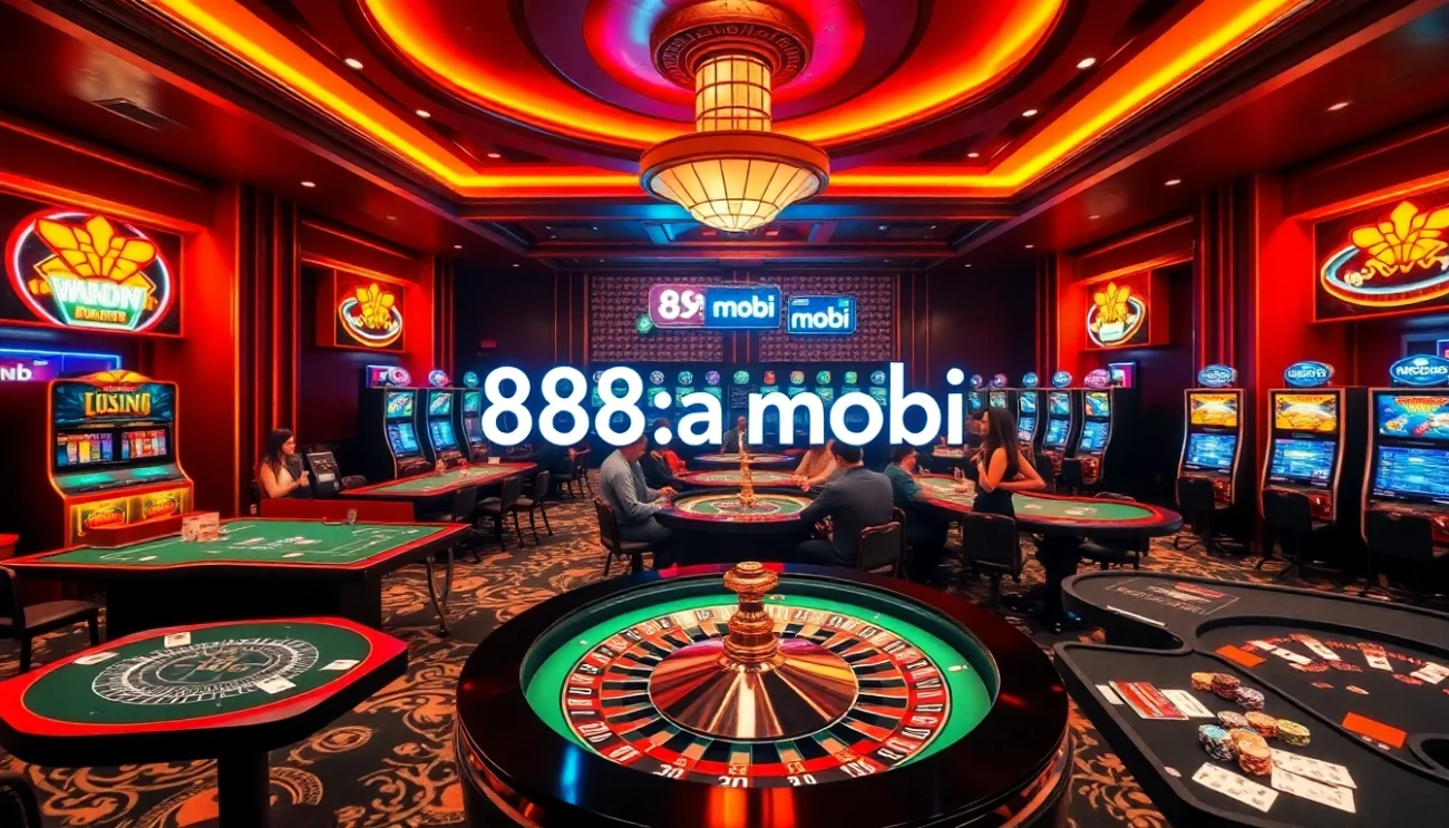 88aa mobi illuminated in neon lights at a bustling casino with tables featuring roulette, poker, and slot machines.