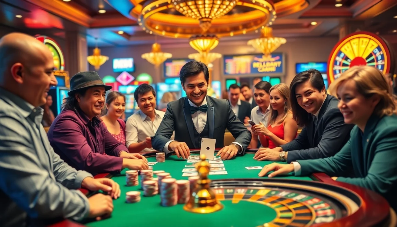 Exciting poker game scene featuring keonhacai betting insights, with lively players and colorful chips.