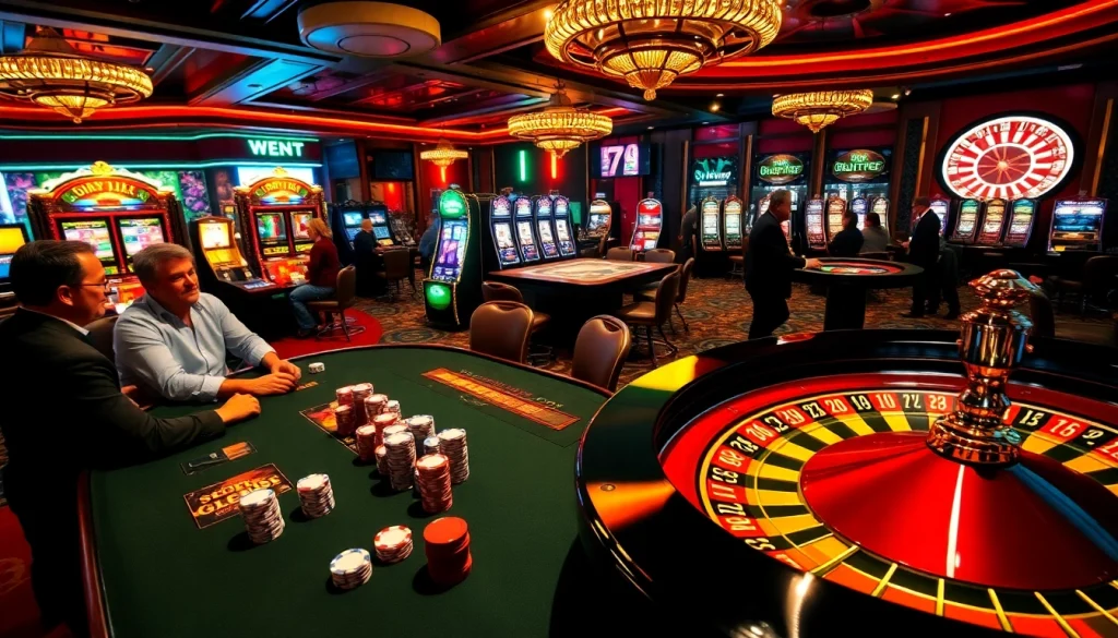 Guests enjoying a thrilling poker game at 79king.com, surrounded by colorful lights and gaming excitement.