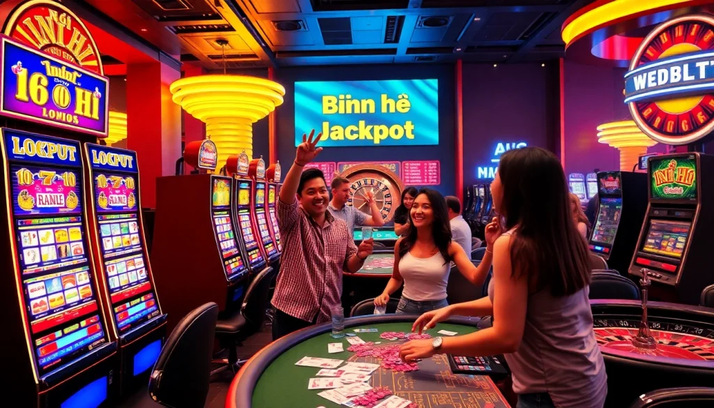 Nổ hũ jackpot celebration at a casino with colorful slot machines.
