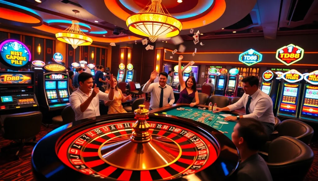 Players enjoying a thrilling TD88 casino experience with a spinning roulette wheel and vibrant slot machines.