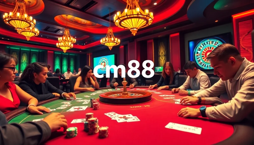 Experience cm88 at an exciting poker table illuminated by vibrant casino lights, showcasing thrilling gameplay.