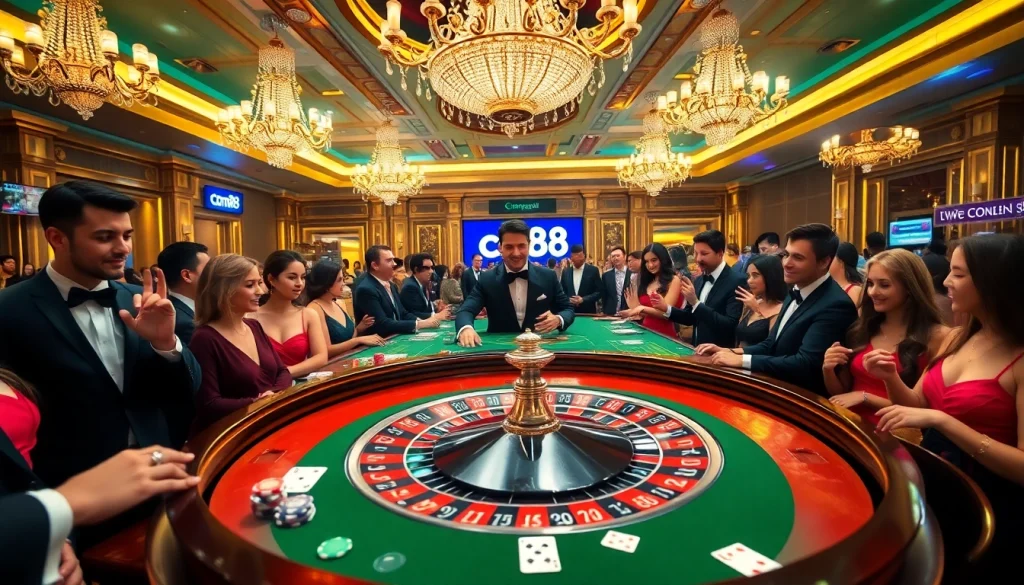 cm88 casino environment featuring a roulette table filled with chips, card games, and excited players betting in a vibrant atmosphere.