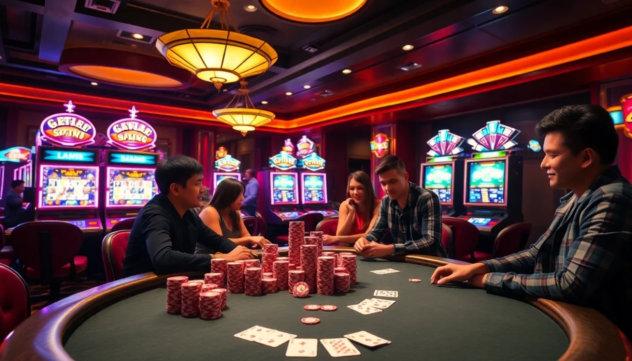 KJC casino scene featuring lively poker players with colorful chips on the table.