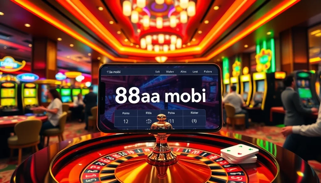 Experience the thrill of gaming at 88aa mobi, showcasing vibrant casino activities with players enjoying roulette and slot machines.