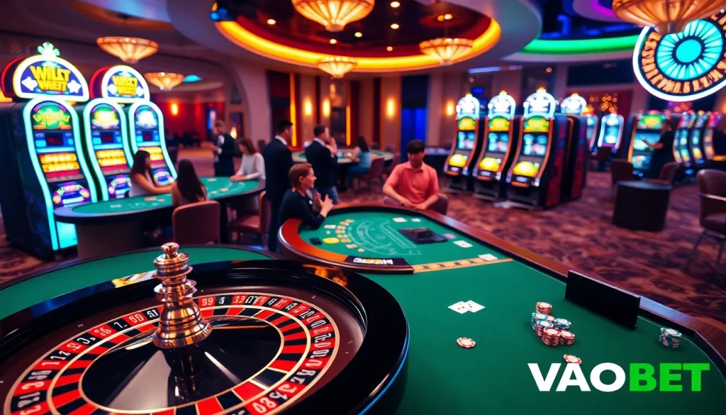 VAOBET offers an exhilarating casino experience featuring a roulette wheel, blackjack table, and vibrant slot machines.