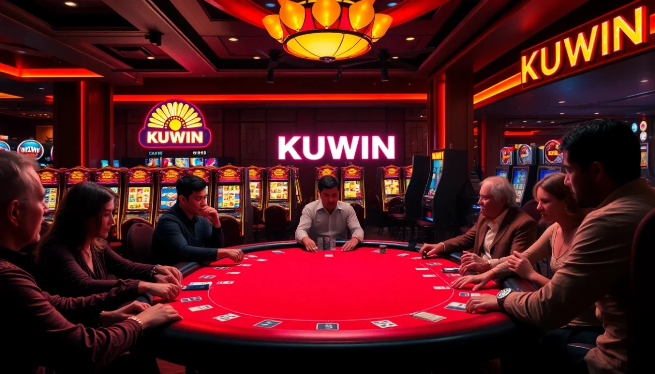Play poker at a luxurious casino table featuring KUWIN branding amidst a vibrant gaming atmosphere.