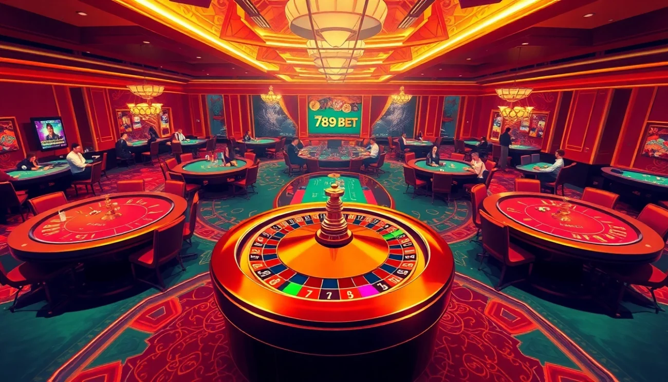 789BET casino scene showcasing thrilling roulette action with vibrant chips and players' excitement.