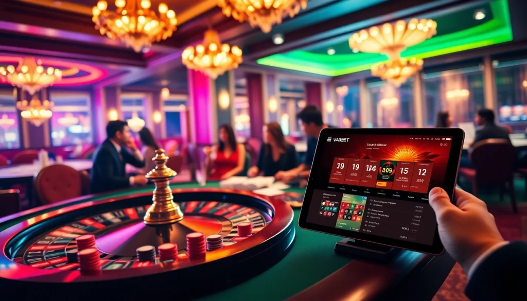 Experience thrilling poker action at VAOBET casino with vibrant chips and dynamic roulette wheel.