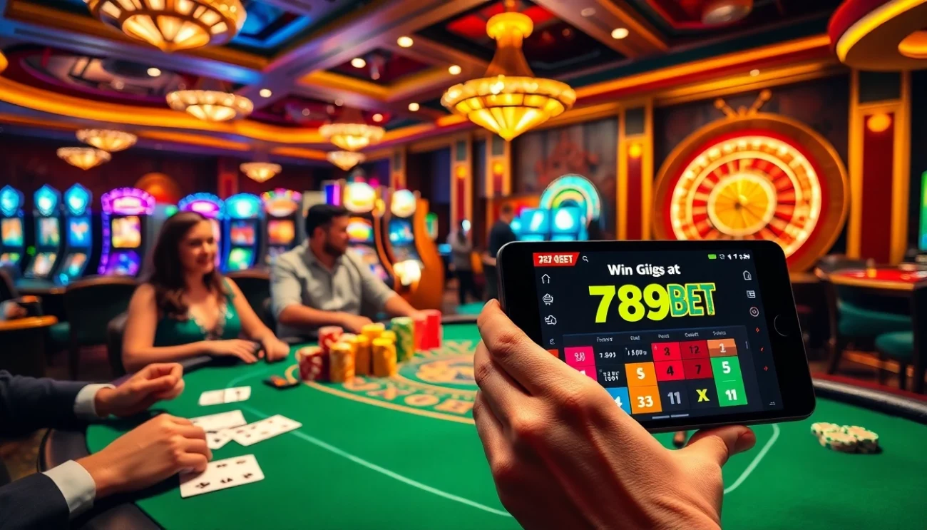 Players enjoy high-stakes blackjack at 789BET, surrounded by vibrant casino elements.
