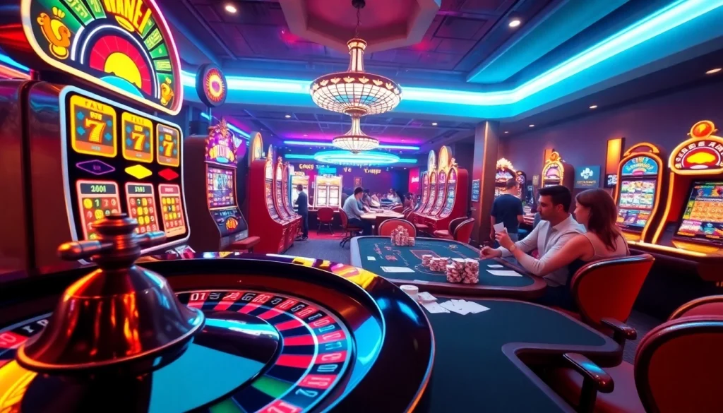 Experience thrilling gameplay at HappyLuke Casino with vibrant slot machines and engaged players at a roulette table.