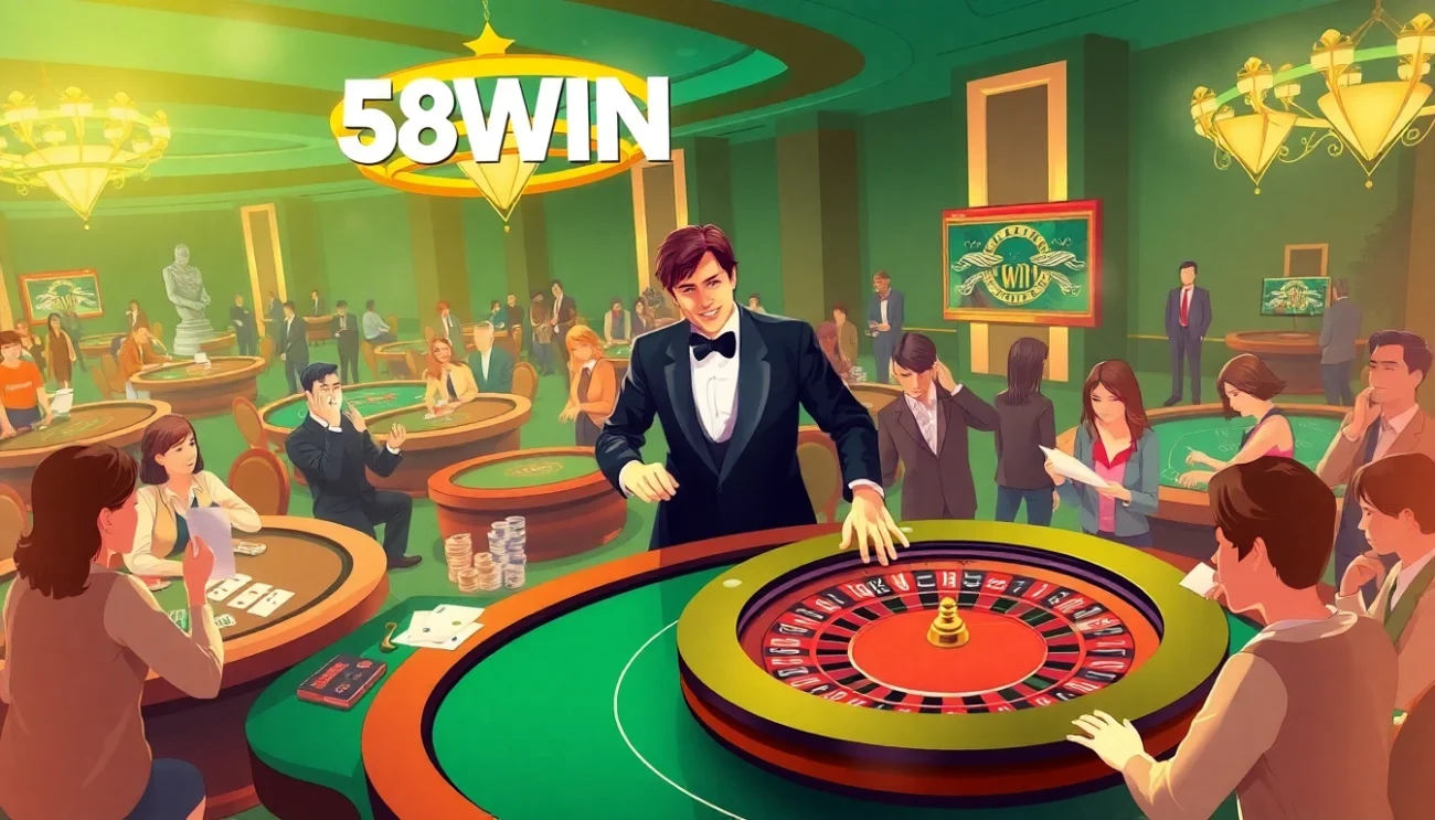 Players celebrating their wins with chips and betting slips at 58WIN's lively casino tables.