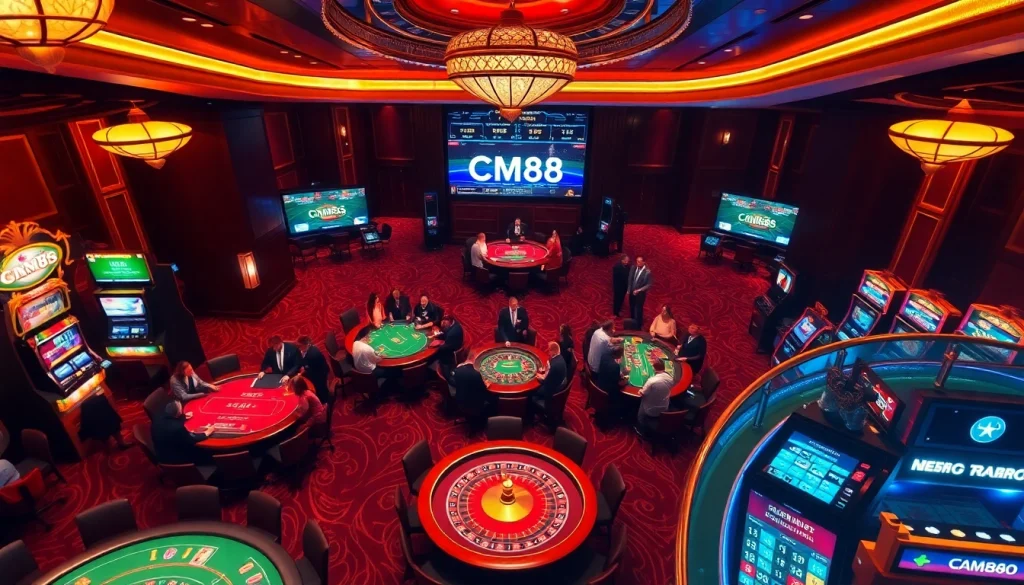 CM88 trang chủ casino scene showcasing vibrant gaming tables and excited players.