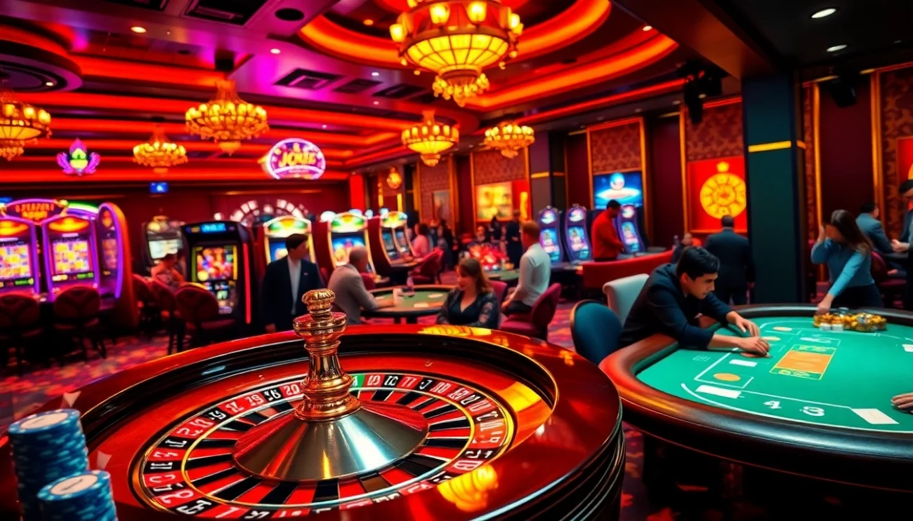 Experience high-stakes gambling at 789BET featuring players at a lively roulette wheel and illuminated slot machines.