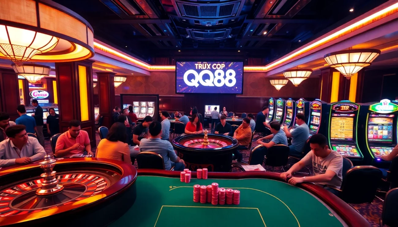 Experience the thrill of gambling with the link truy cập qq88 prominently featured amidst an electrifying casino setting.
