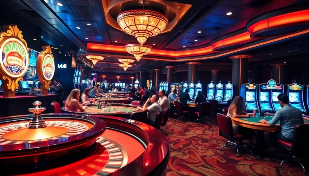 Exciting gameplay at nhà cái uu88, featuring roulette tables and attentive players in a luxurious casino setting.
