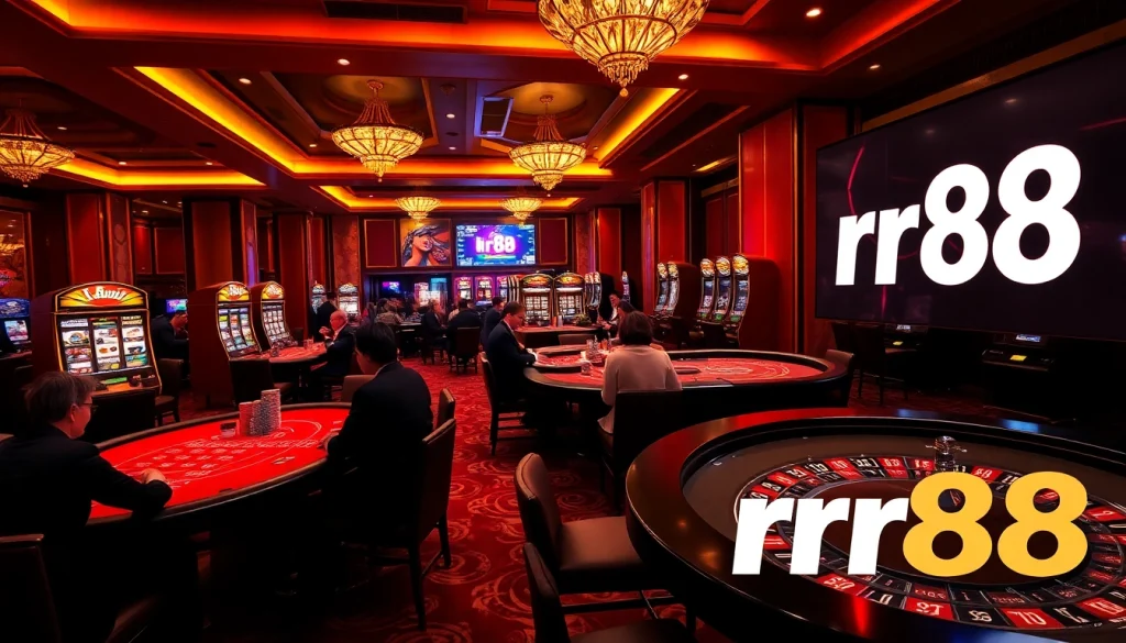 Experience the excitement of gambling with rr88 at a luxurious casino table, showcasing lively players and vibrant slot machines.