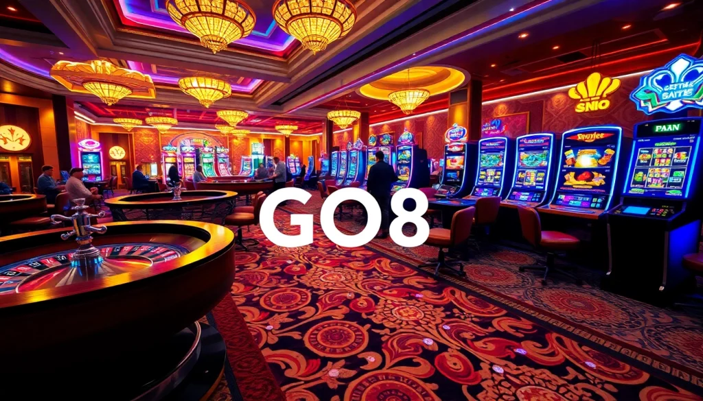 GO8 casino scene with lively roulette wheels, poker games, and vibrant slot machines.