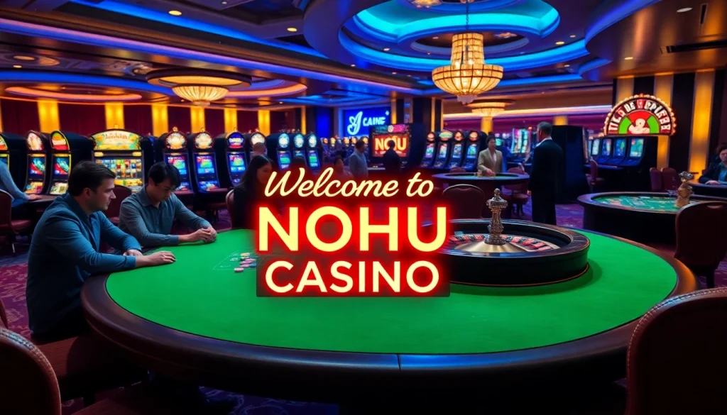 Experience the excitement at NOHU Casino with intense poker gameplay and vibrant slot machines lighting up the floor.