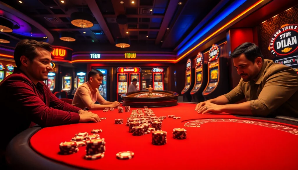 Players eagerly strategizing at the 11UU poker table in a vibrant casino environment, filled with excitement.