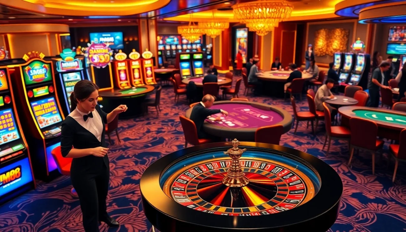 MM88 casino features an exhilarating roulette table scene with joyful gamblers and vibrant slot machines.