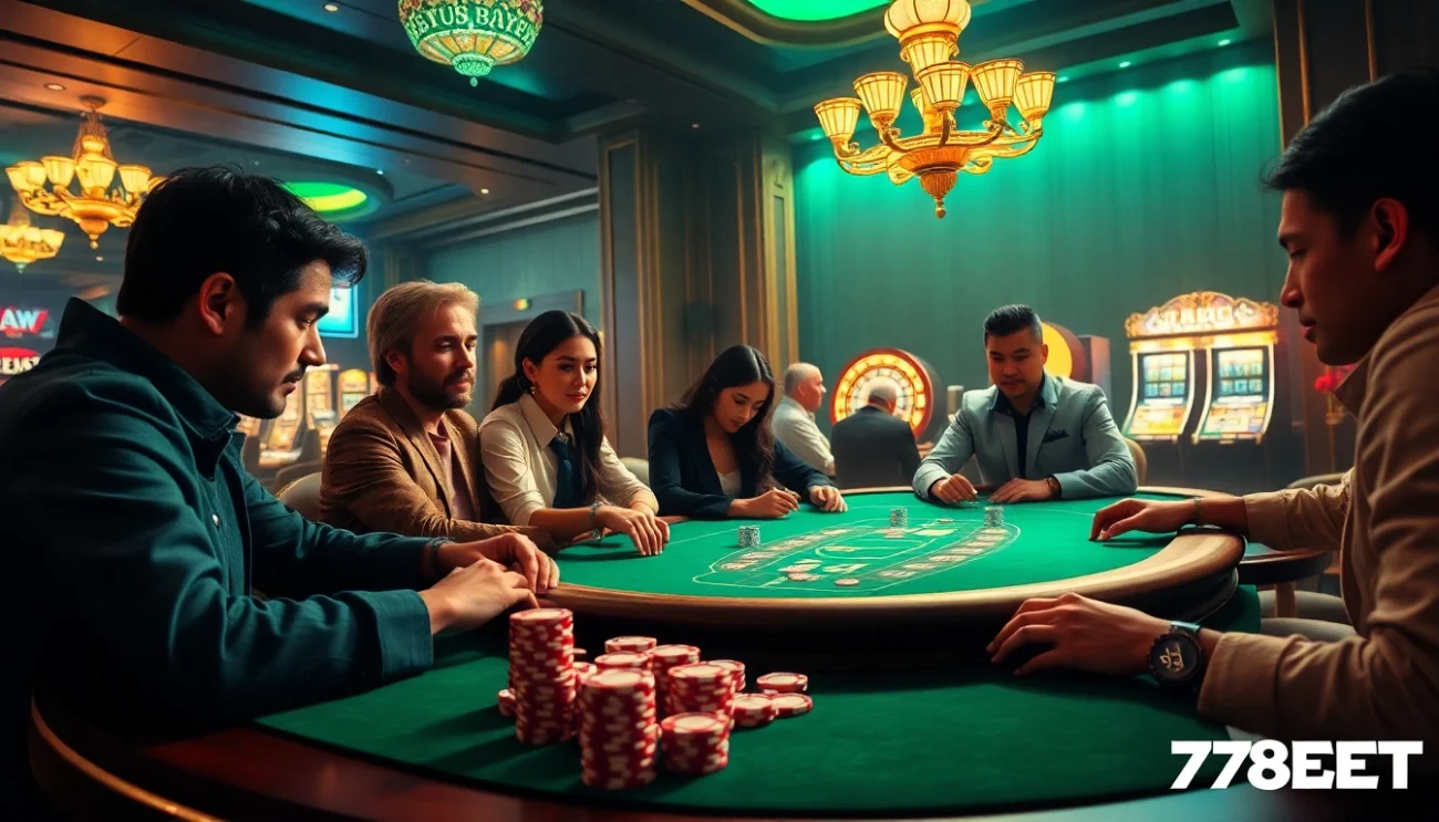Experience the thrill of 789BET as players engage in an exciting poker game at a luxurious casino table filled with colorful chips.