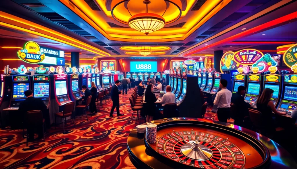 Players excitedly engaging at U888's vibrant casino tables filled with colorful chips and cards.