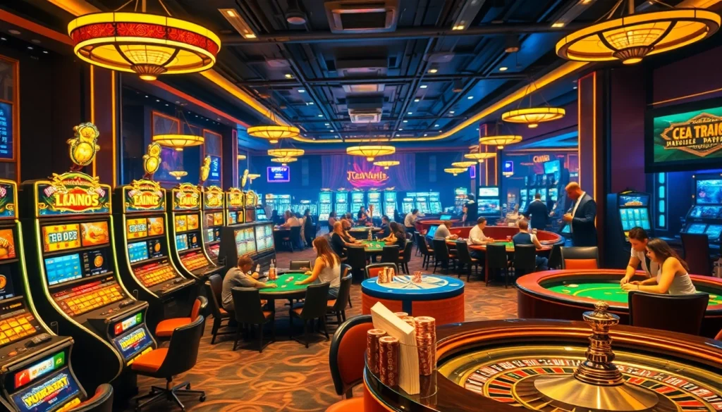 Excited players enjoying interactive gaming at mm88.com casino, featuring vibrant slot machines and poker tables.