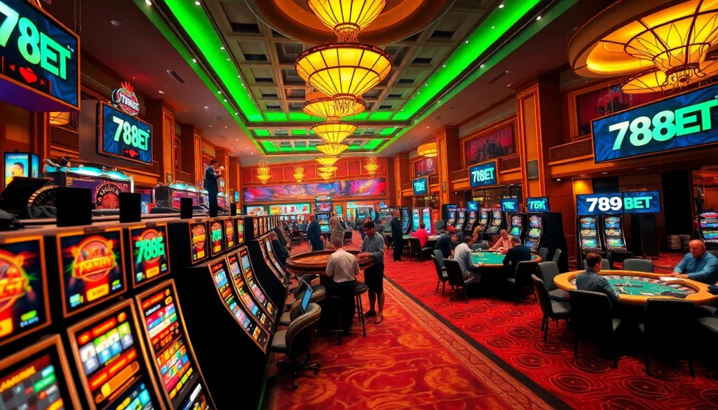 Players experiencing the excitement at 789BET casino with vibrant slot machines and poker tables in view.