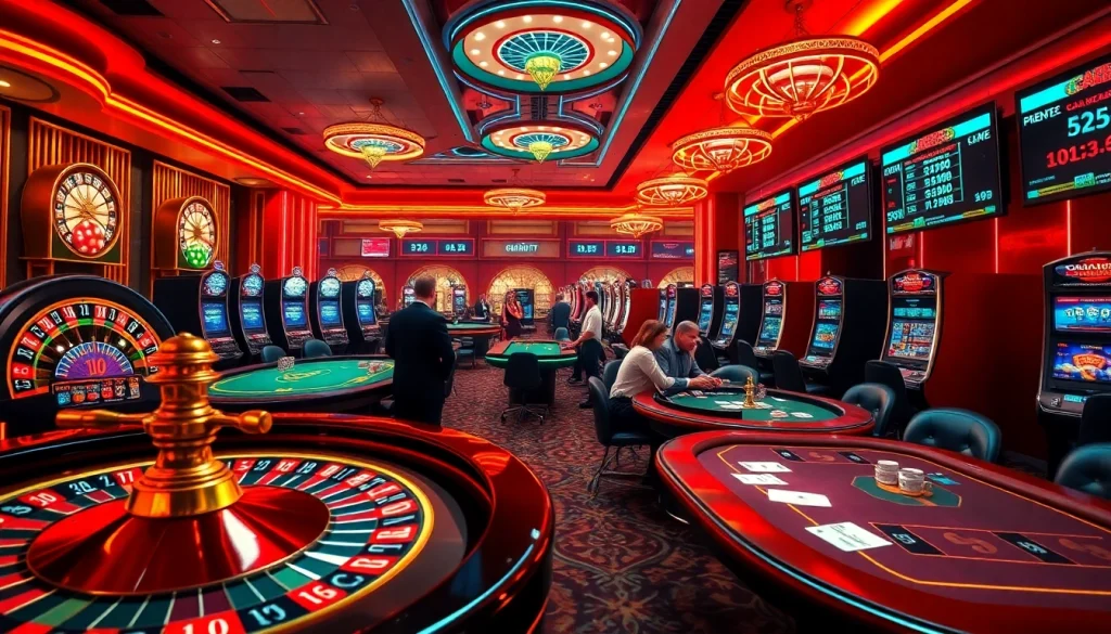 Explore the thrilling atmosphere of a casino with gaming tables, featuring lương sơn tv on a screen displaying live betting options.