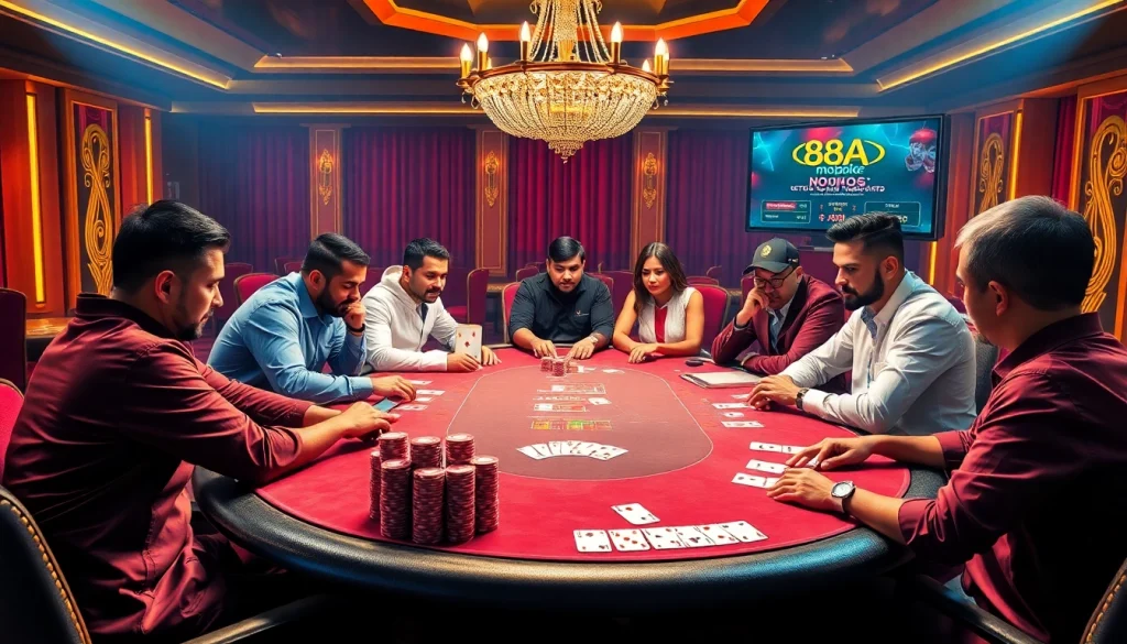 Experience the thrill of poker at the 88aa mobi gaming platform, featuring colorful chips and intense players.
