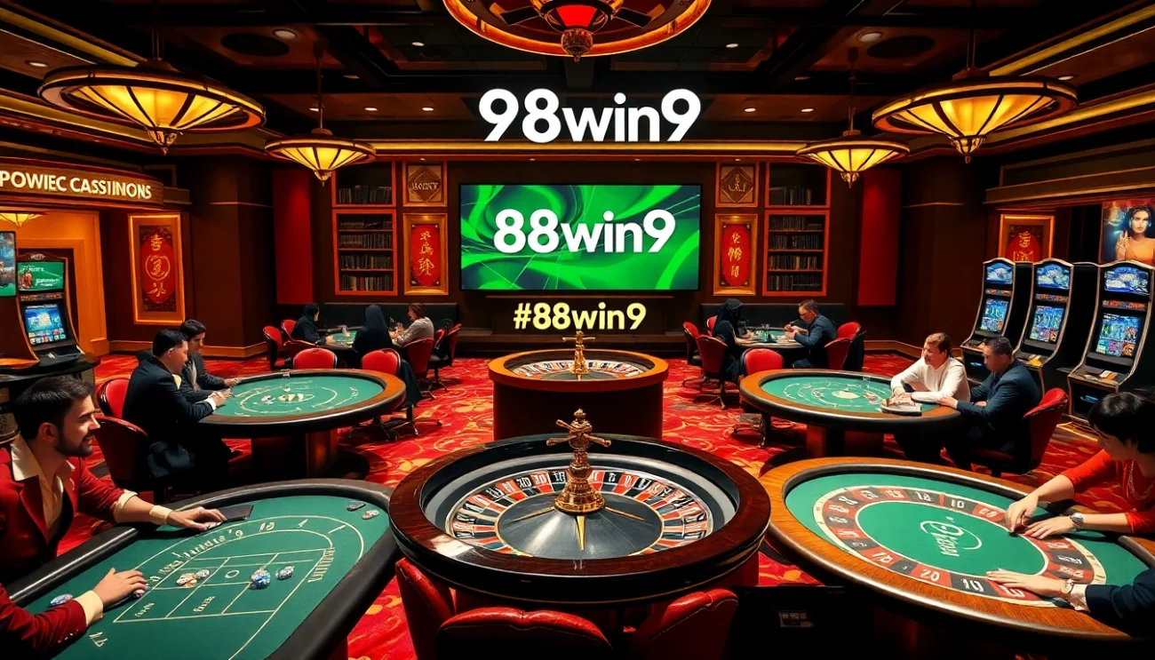 Experience the excitement of 98win9 casino with players engaged at poker tables and vibrant slot machines.