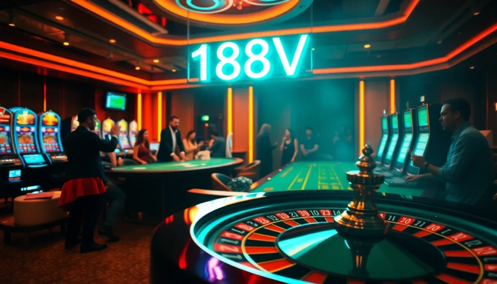 Exciting casino scene portraying players at 188V-themed tables, celebrating wins with chips and cards.