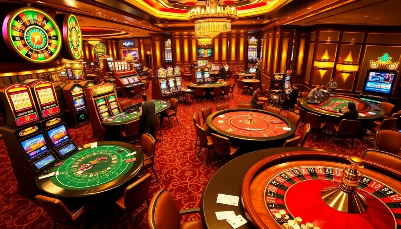 Experience the excitement of gambling at 32win with players at casino tables, slot machines, and roulette.