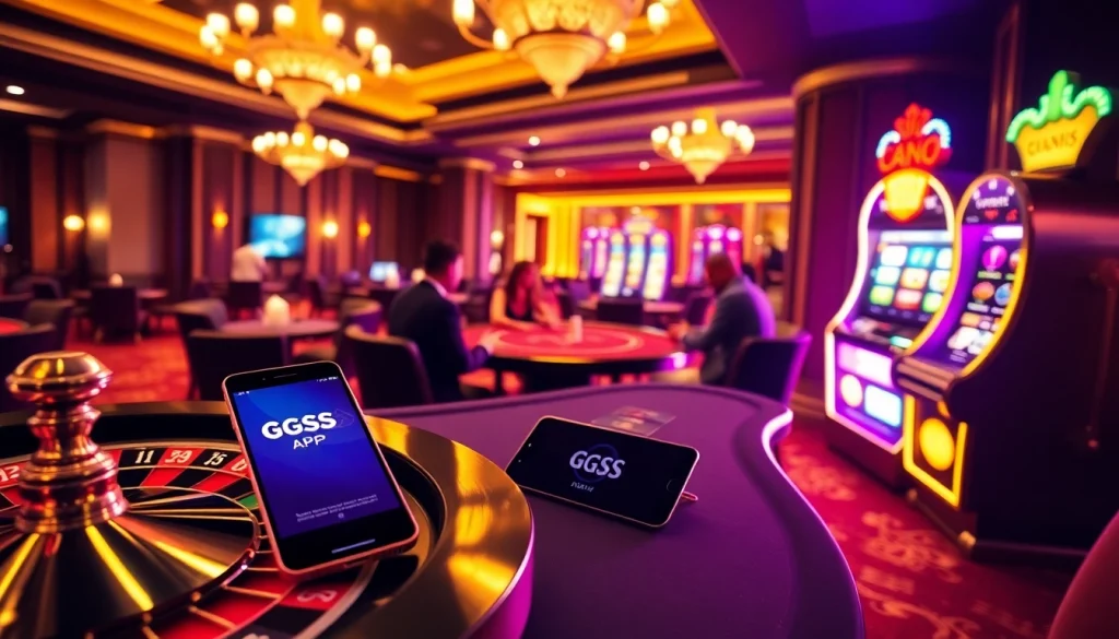 The GGSS App enhances the luxury casino experience, featuring poker games, roulette wheels, and vibrant slot machines.