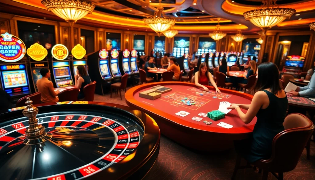 S8 casino players enjoying poker and roulette in a vibrant, luxurious environment with flashing slot machines.