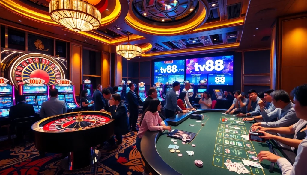 Excited players engaging with tv88-themed roulette and slot machines in a luxurious casino.