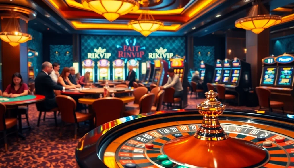 Experience the excitement of gambling at RIKVIP's luxurious casino setting with roulette, poker, and vibrant slot machines.