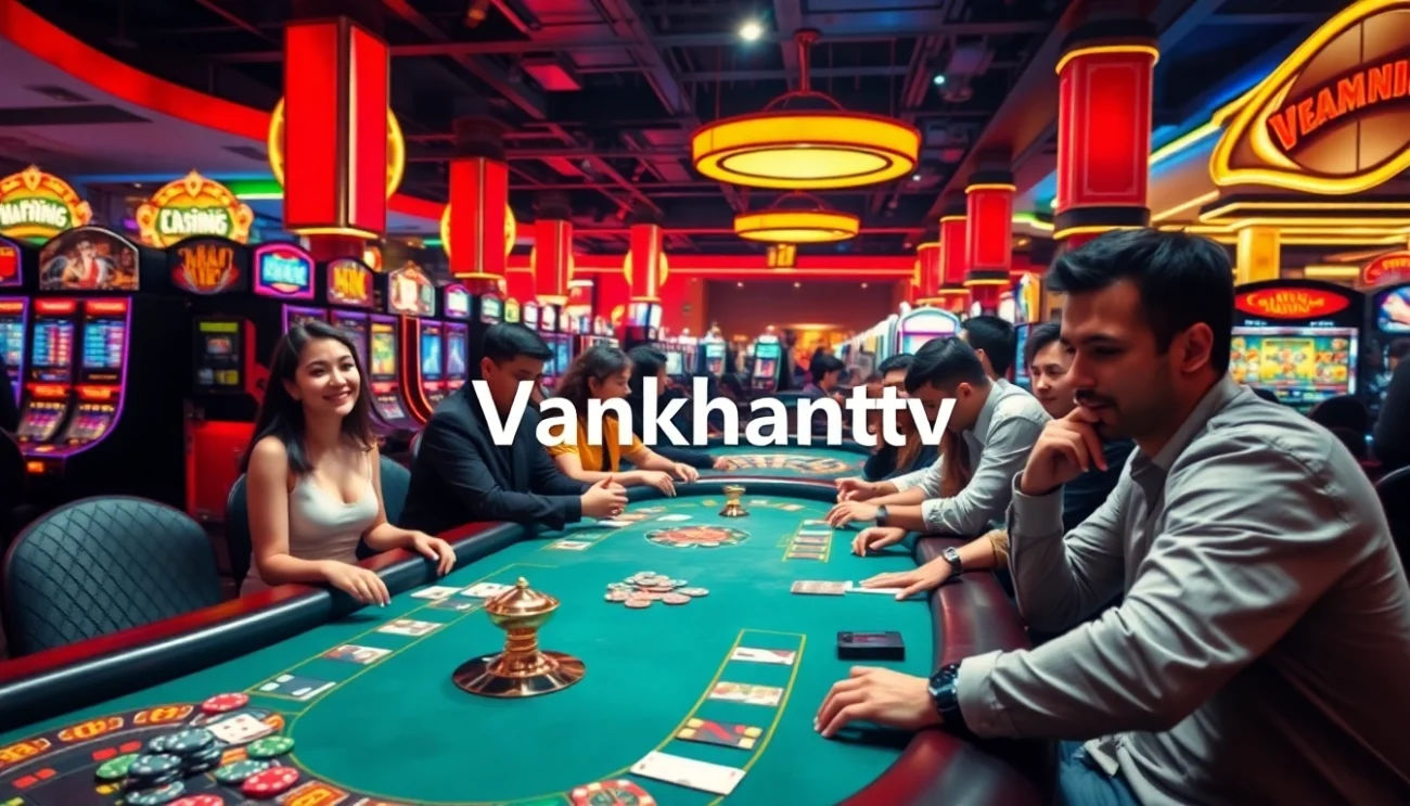 Exciting casino scene showcasing players at poker tables, featuring Vankhanhtv in the background.
