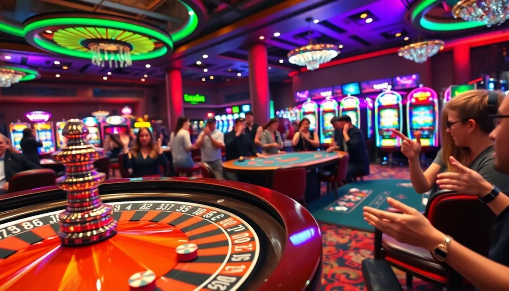 Vaobet's thrilling casino atmosphere with roulette and poker, showcasing excitement.