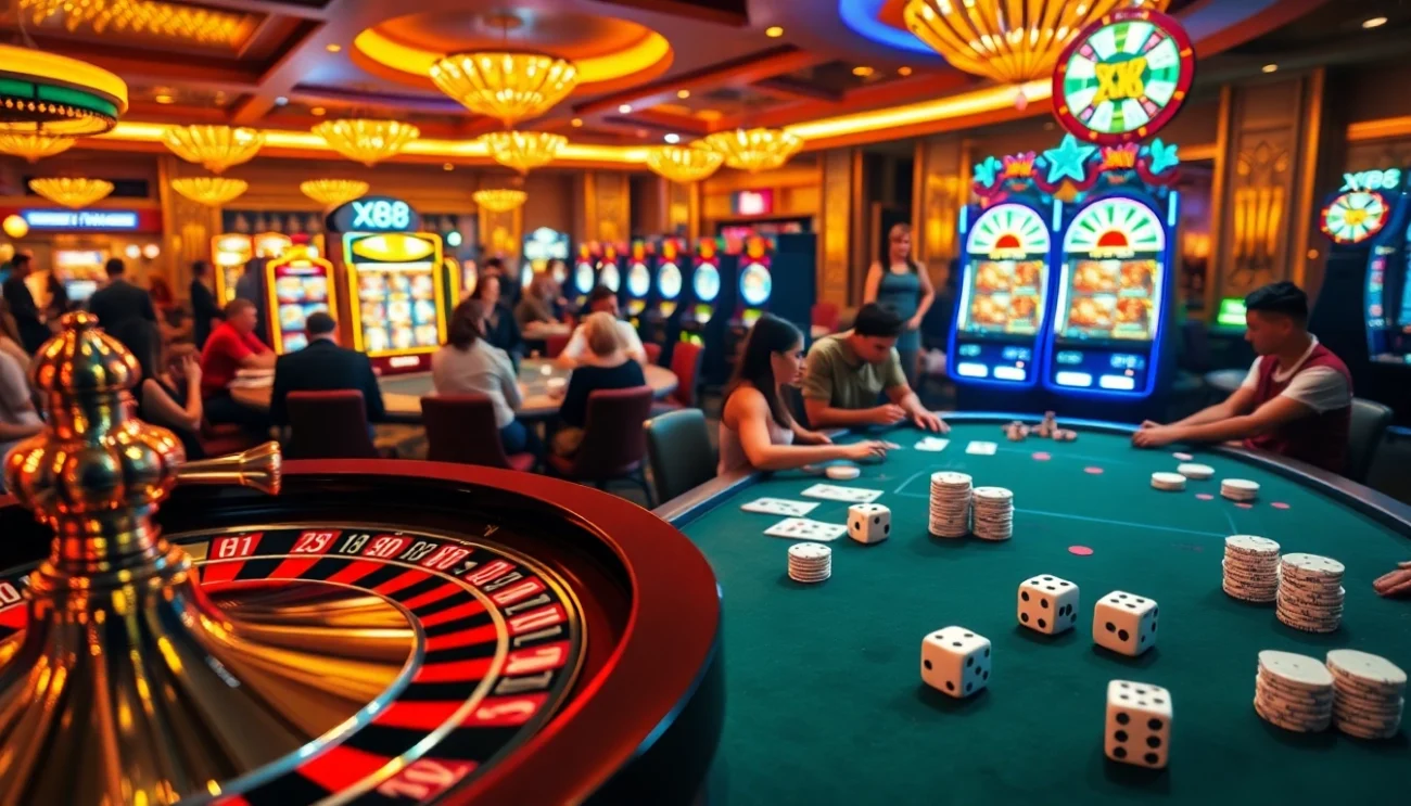 Experience the thrill of gambling at XX88 casino with vibrant tables, stunning roulette wheels, and lively players.