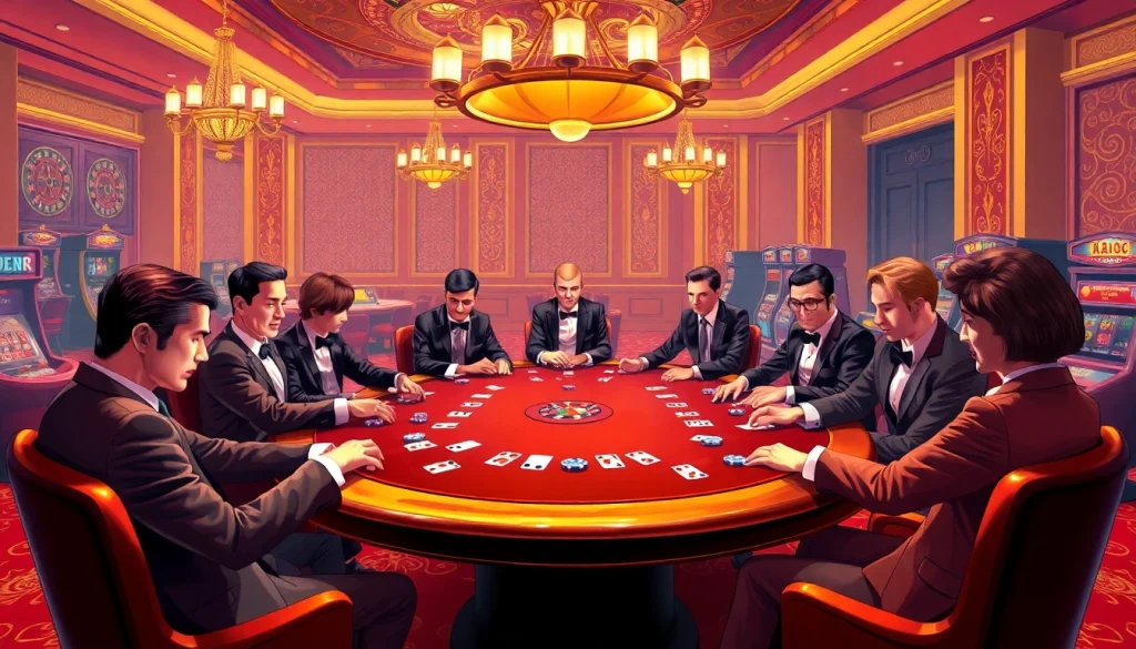 Experience thrilling gameplay at https://nhacaita88.contact/ with an intense poker game in a vibrant casino atmosphere.